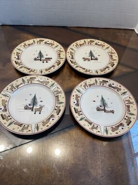 4 Meiwa Table Art Ginger Creek Pat Salad Plate Cabin Tree Bear Deer Moose Canoe